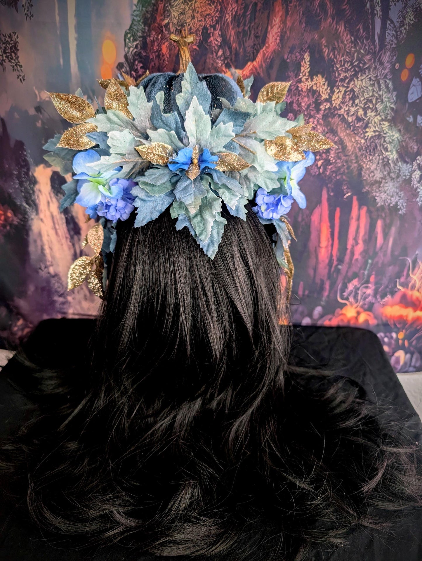 Reversible Blue Pumpkin Queen Headdress Fantasy Halloween Crown Maple Leaf Headpiece Autumn Wedding Tiara Fairy Costume Fall Bride Bridal