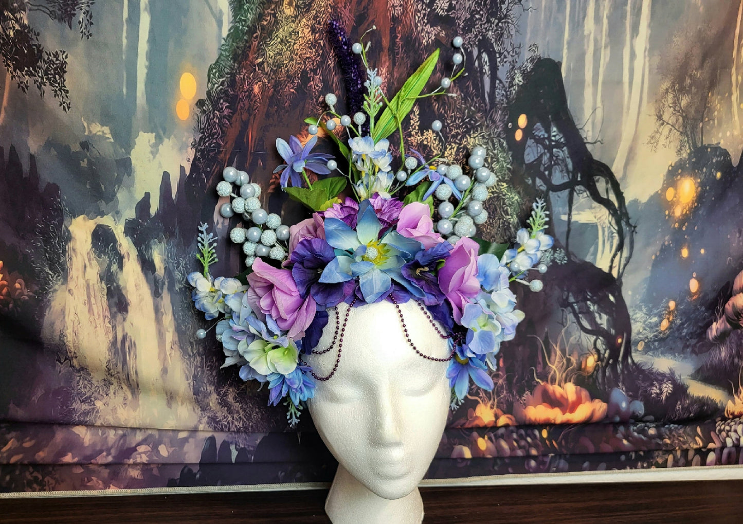 Faerie Goddess Headdress Floral Crown Purple Blue White Flower Headpiece Fantasy Fairy Headband Bubbles Festival Wedding Cosplay Costume