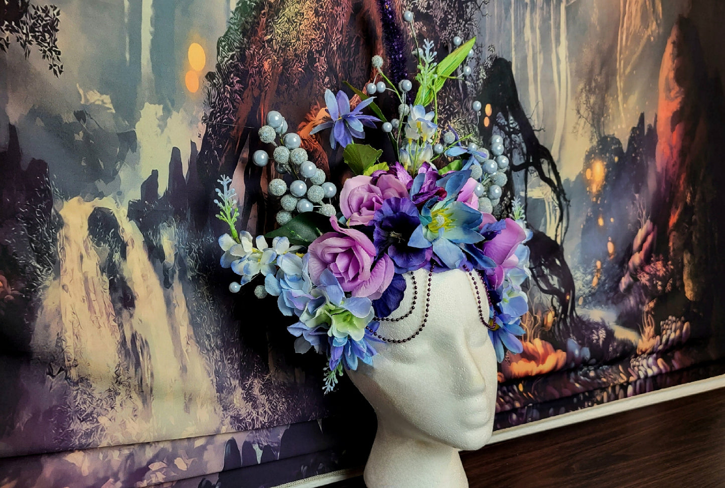 Faerie Goddess Headdress Floral Crown Purple Blue White Flower Headpiece Fantasy Fairy Headband Bubbles Festival Wedding Cosplay Costume