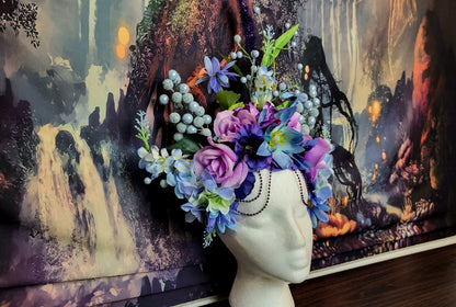 Faerie Goddess Headdress Floral Crown Purple Blue White Flower Headpiece Fantasy Fairy Headband Bubbles Festival Wedding Cosplay Costume