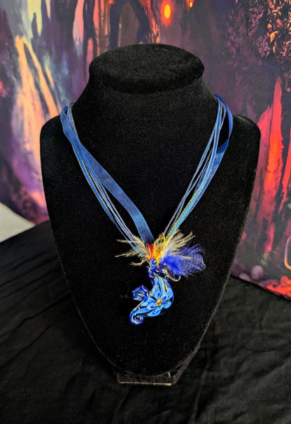 Seahorse Pendant Blue Necklace Feather Glass Statement Jewelry Handmade Necklace
