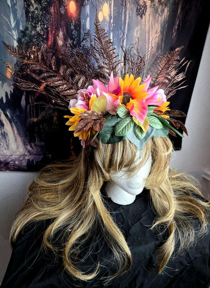 Mother Gaia Headdress Sunflower Pink Flower Crown with Ferns Green Leaves Earth Goddess Fairy Headpiece Festival Cosplay Nature Costume