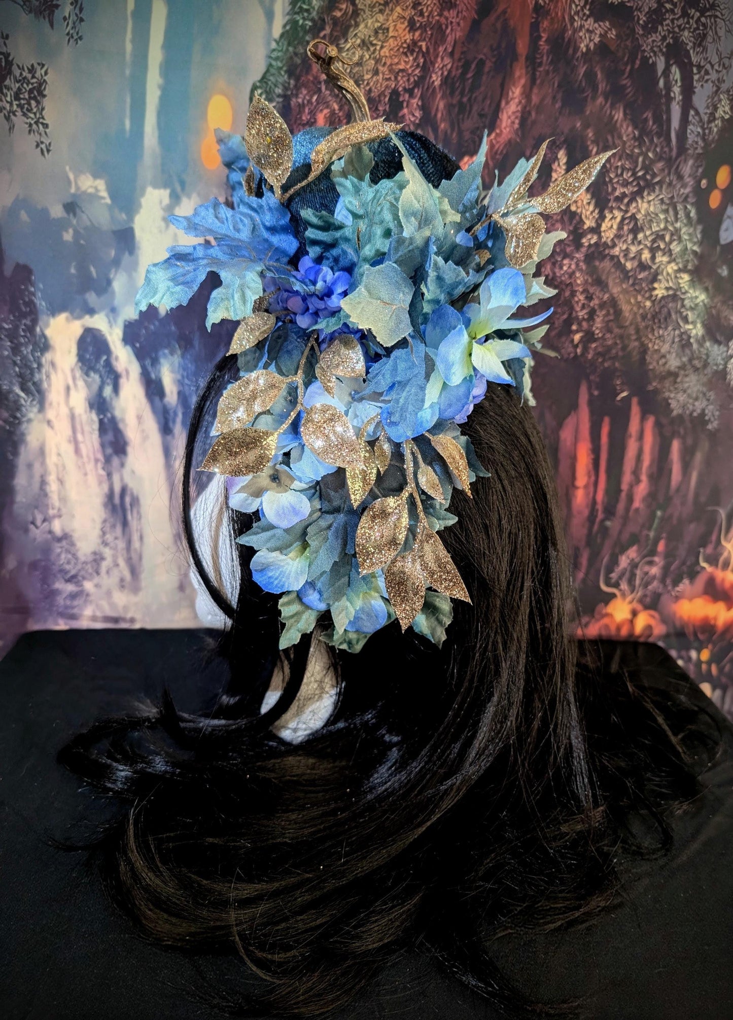 Reversible Blue Pumpkin Queen Headdress Fantasy Halloween Crown Maple Leaf Headpiece Autumn Wedding Tiara Fairy Costume Fall Bride Bridal