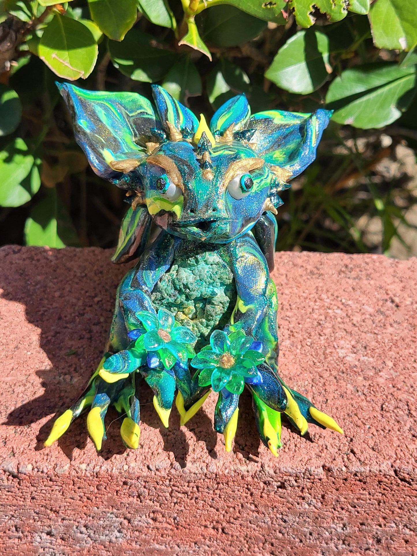 Chrysocolla Malachite Dragon Sculpture  One of a Kind Green Blue Yellow Crystal Dragon Statue Handmade Fantasy Figurine Holding Flowers Gift