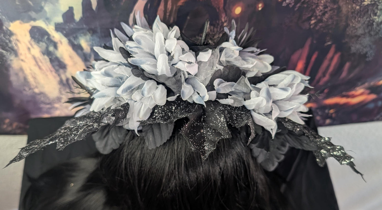 Spider Queen Ghostly Floral Headdress Sparkly Black Maple Leaves Silver Crown Gothic Witch Costume Headpiece Black White Gray Flowers