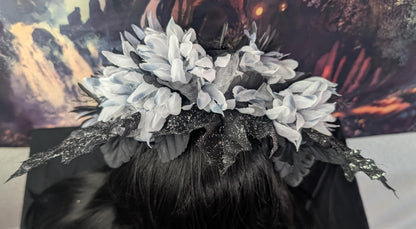 Spider Queen Ghostly Floral Headdress Sparkly Black Maple Leaves Silver Crown Gothic Witch Costume Headpiece Black White Gray Flowers
