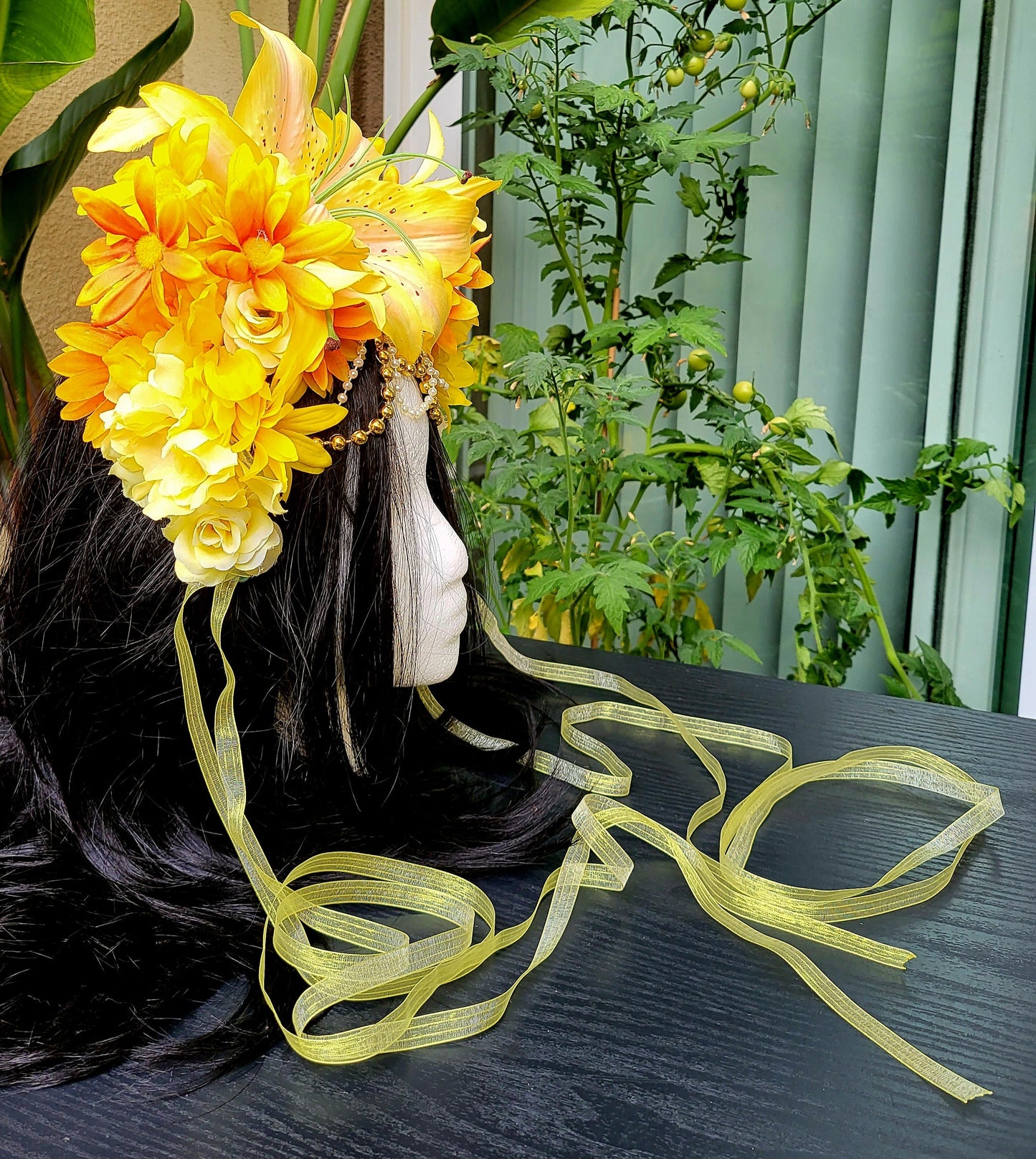 FaeYellow Fairy Headdress Sunflower Lily Flower Crown with Golden Beads & Ribbons Fantasy Festival Headpiece Faerie Costume Cosplay Wedding