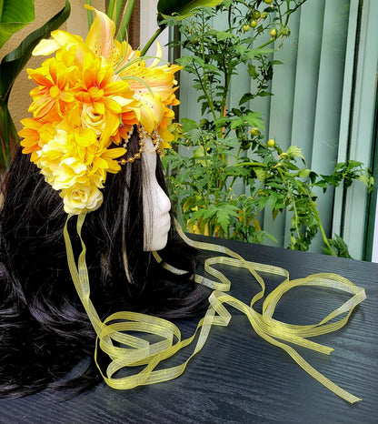FaeYellow Fairy Headdress Sunflower Lily Flower Crown with Golden Beads & Ribbons Fantasy Festival Headpiece Faerie Costume Cosplay Wedding