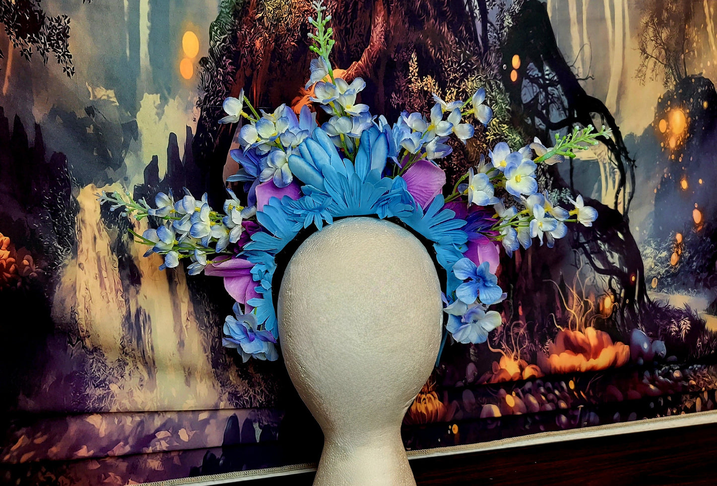 Fairy Queen Headdress Blue Purple Flower Crown with Lilies Fantasy Blossoms Enchanted Faerie Headpiece Festival Cosplay Costume Accessory