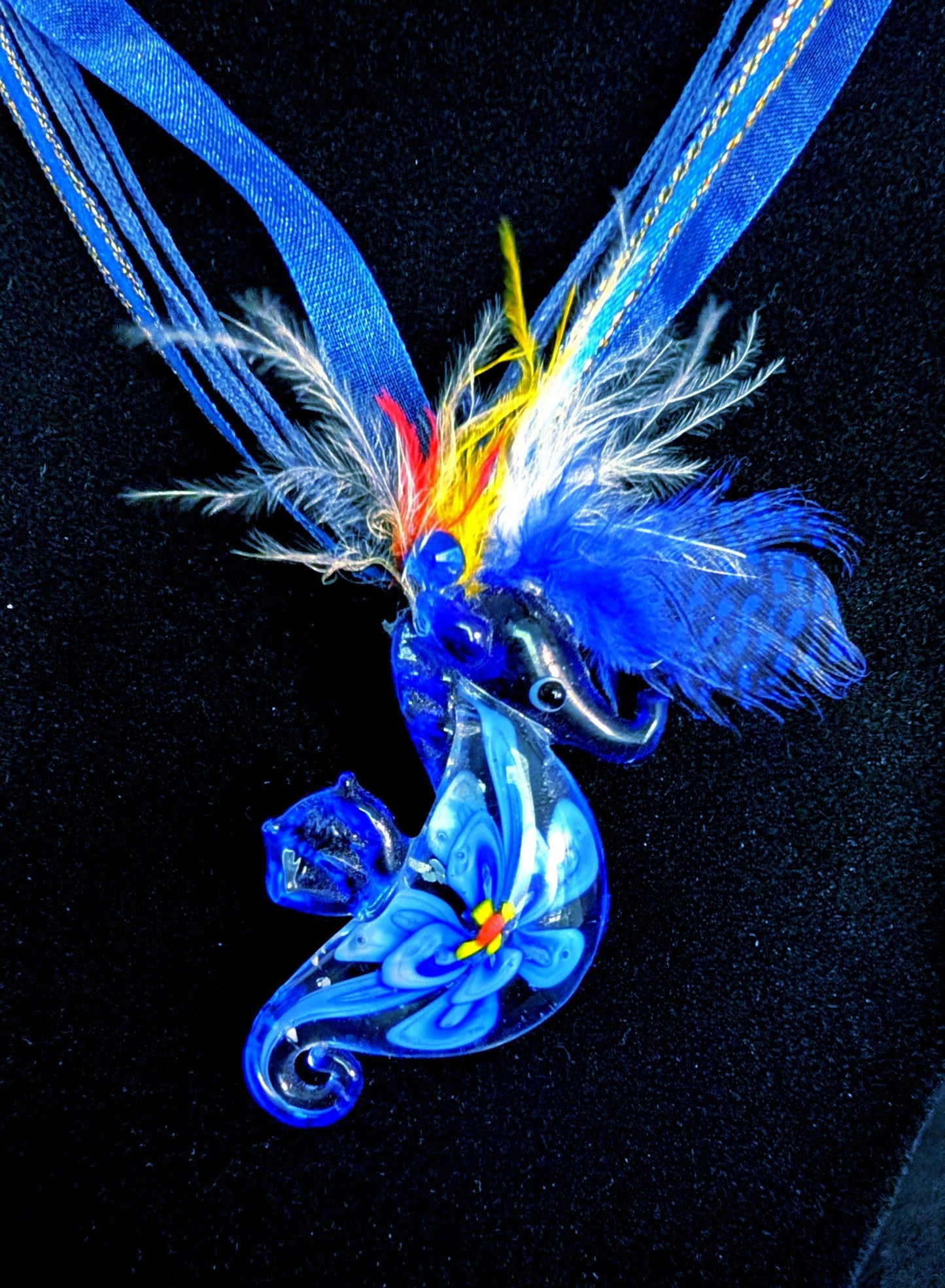 Seahorse Pendant Blue Necklace Feather Glass Statement Jewelry Handmade Necklace