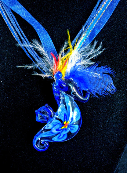 Seahorse Pendant Blue Necklace Feather Glass Statement Jewelry Handmade Necklace