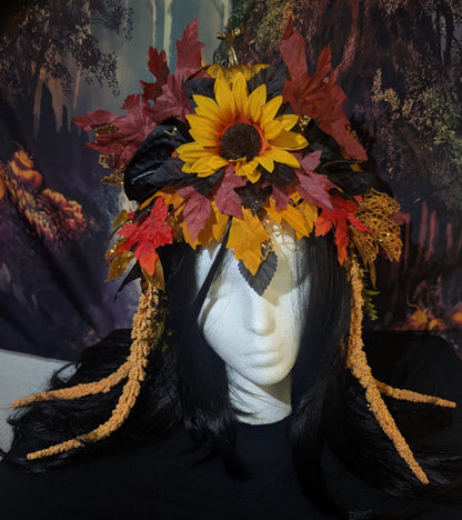 Fall Pumpkin Queen Headdress Sunflower Maple Leaf Crown Autumn Festival Headpiece Halloween Harvest Costume Faerie Fantasy Wedding