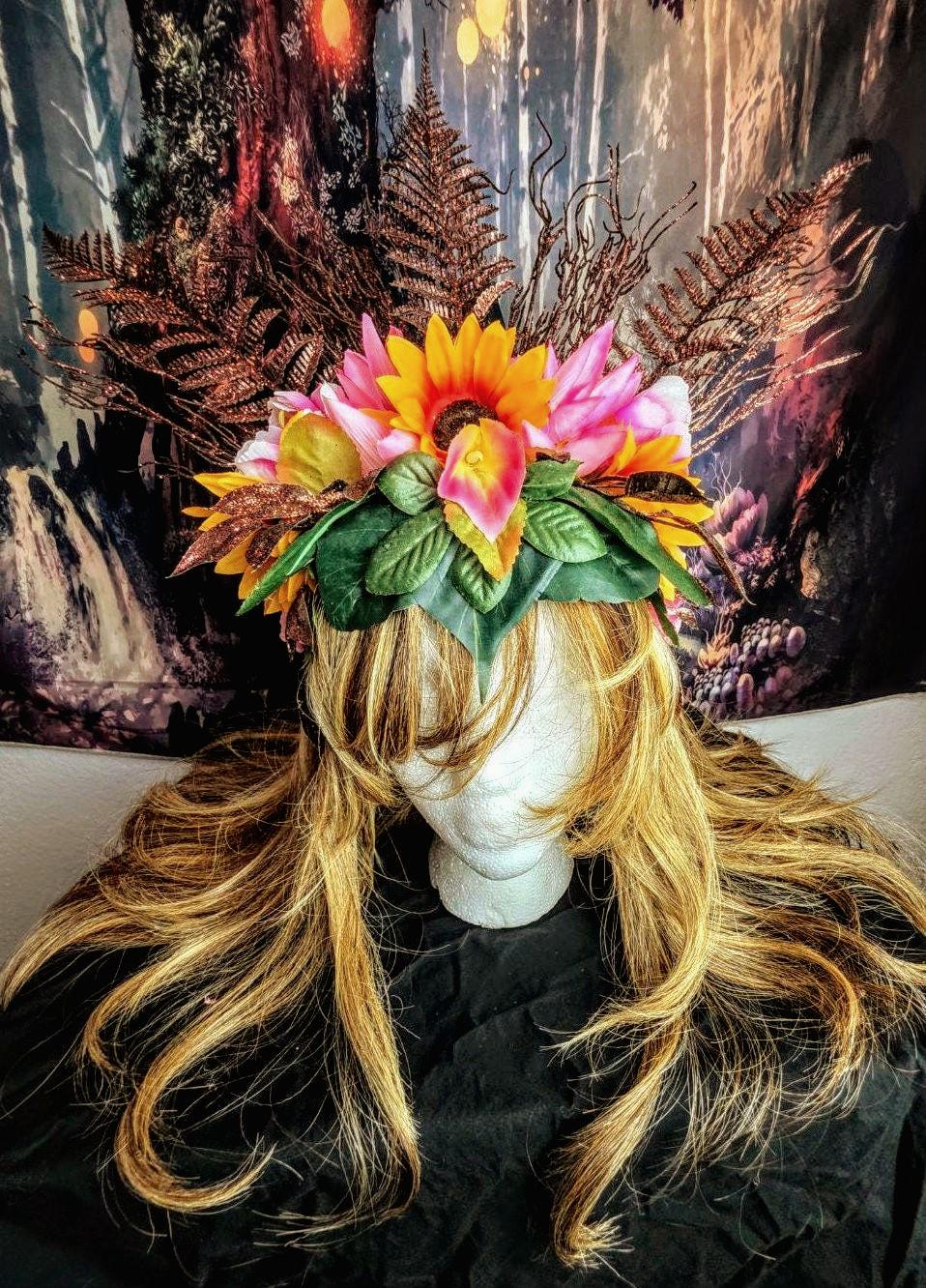 Mother Gaia Headdress Sunflower Pink Flower Crown with Ferns Green Leaves Earth Goddess Fairy Headpiece Festival Cosplay Nature Costume