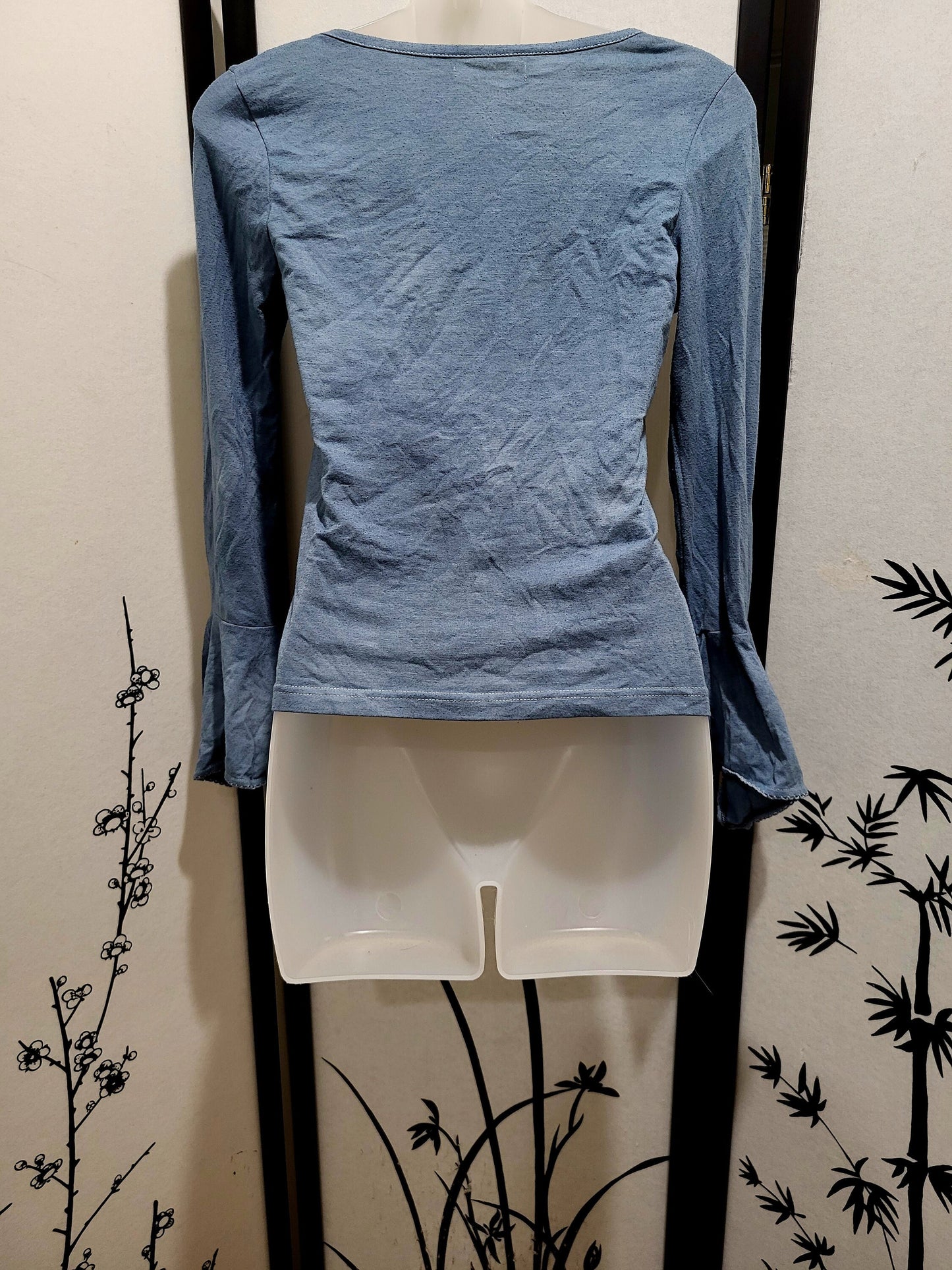 Periwinkle Pirate Top Long Sleeve Blue Shirt V Neck Gathered Neckline Fitted Silhouette Bell Sleeve Renaissance Festival Costume Blouse