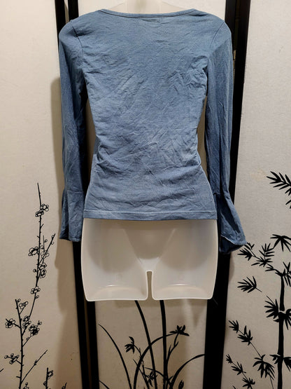 Periwinkle Pirate Top Long Sleeve Blue Shirt V Neck Gathered Neckline Fitted Silhouette Bell Sleeve Renaissance Festival Costume Blouse