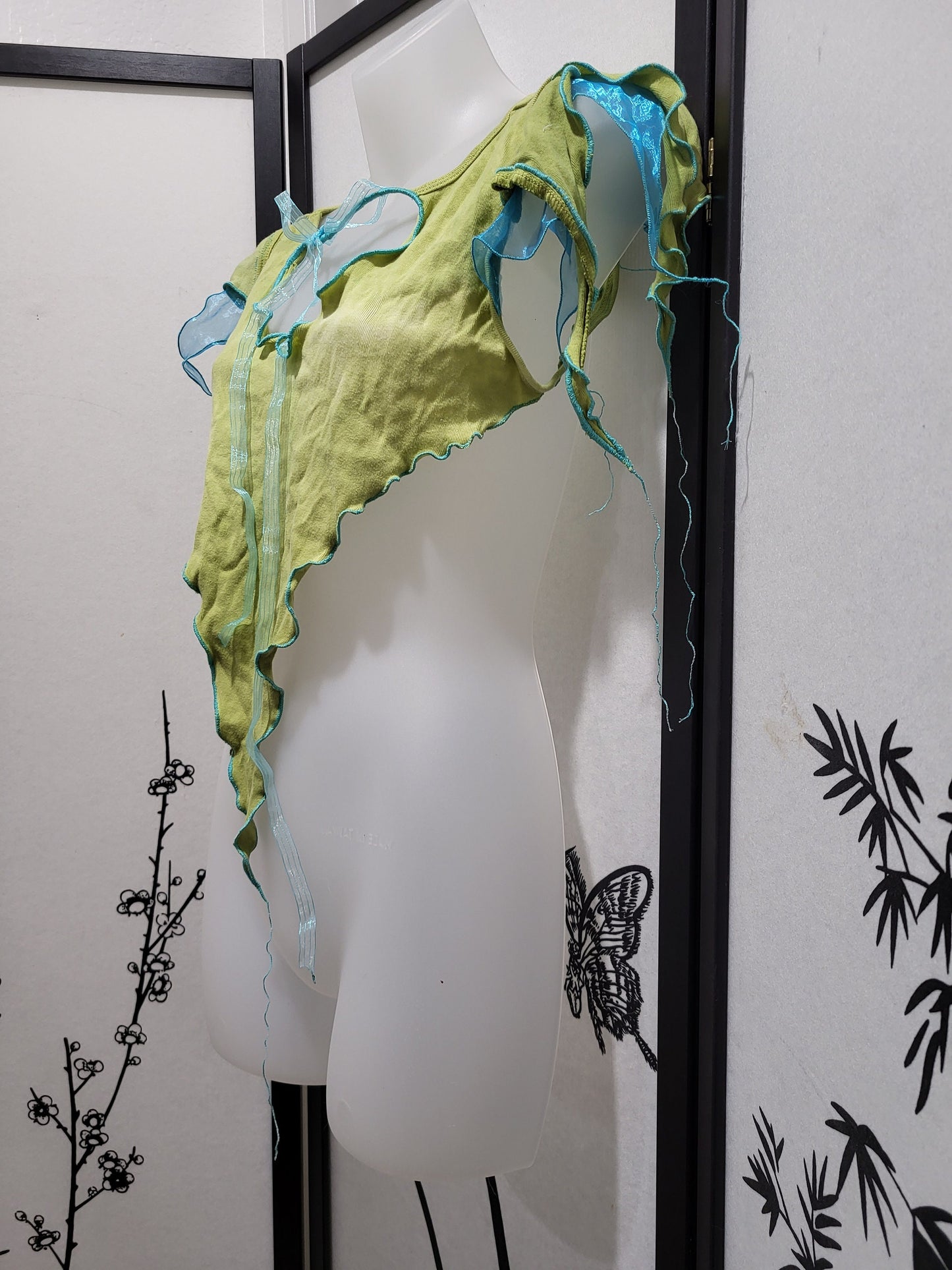Lagoon Pixie Top Fairy Ribbon Tie Blouse Tendril Sleeves Lightweight Pointed Hem Crop Top Open Back Fantasy Festival Costume Clothing Shirt