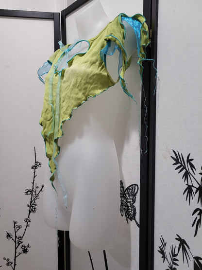 Lagoon Pixie Top Fairy Ribbon Tie Blouse Tendril Sleeves Lightweight Pointed Hem Crop Top Open Back Fantasy Festival Costume Clothing Shirt