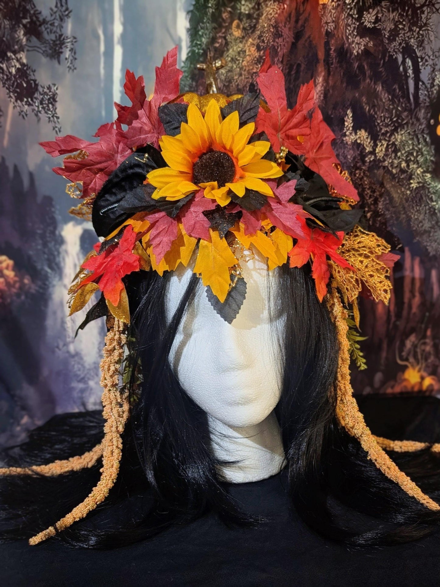 Fall Pumpkin Queen Headdress Sunflower Maple Leaf Crown Autumn Festival Headpiece Halloween Harvest Costume Faerie Fantasy Wedding