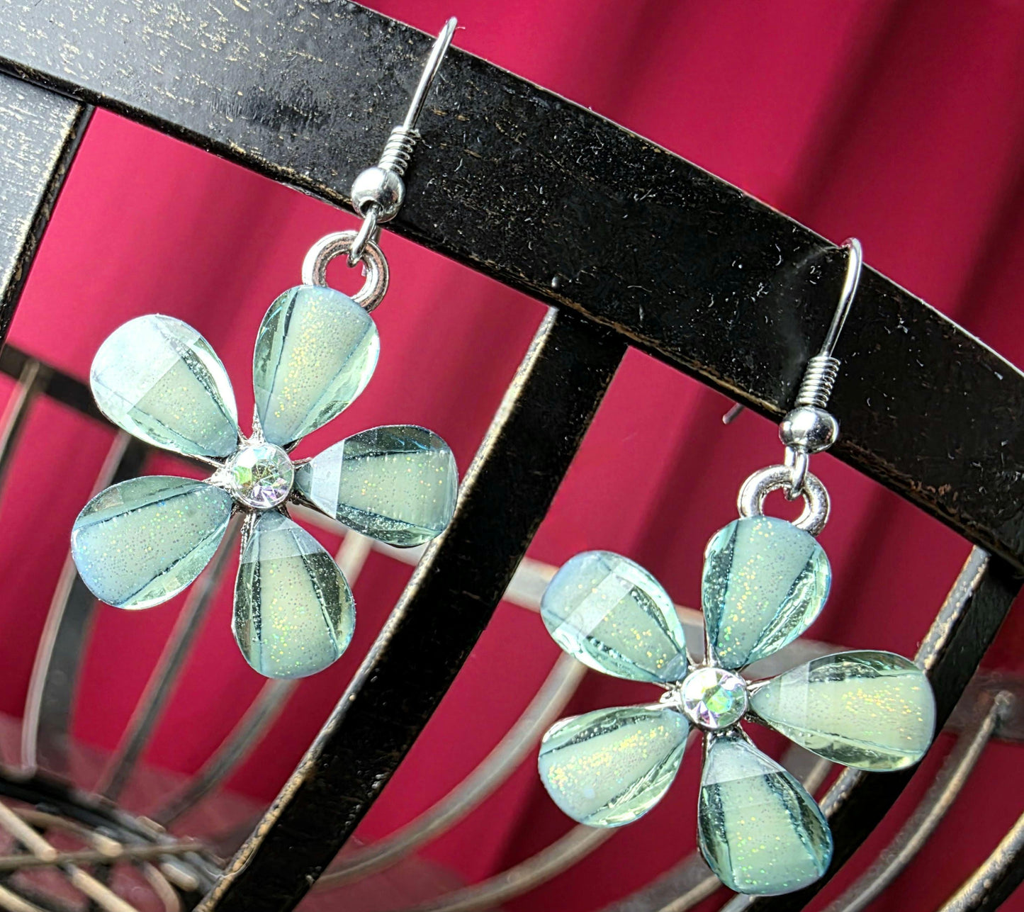 Lagoon Earrings Silver Flower Earrings with Blue Green Crystal Petals Clear Rhinestone Center Floral Mermaid Ocean Inspired Jewelry Gift