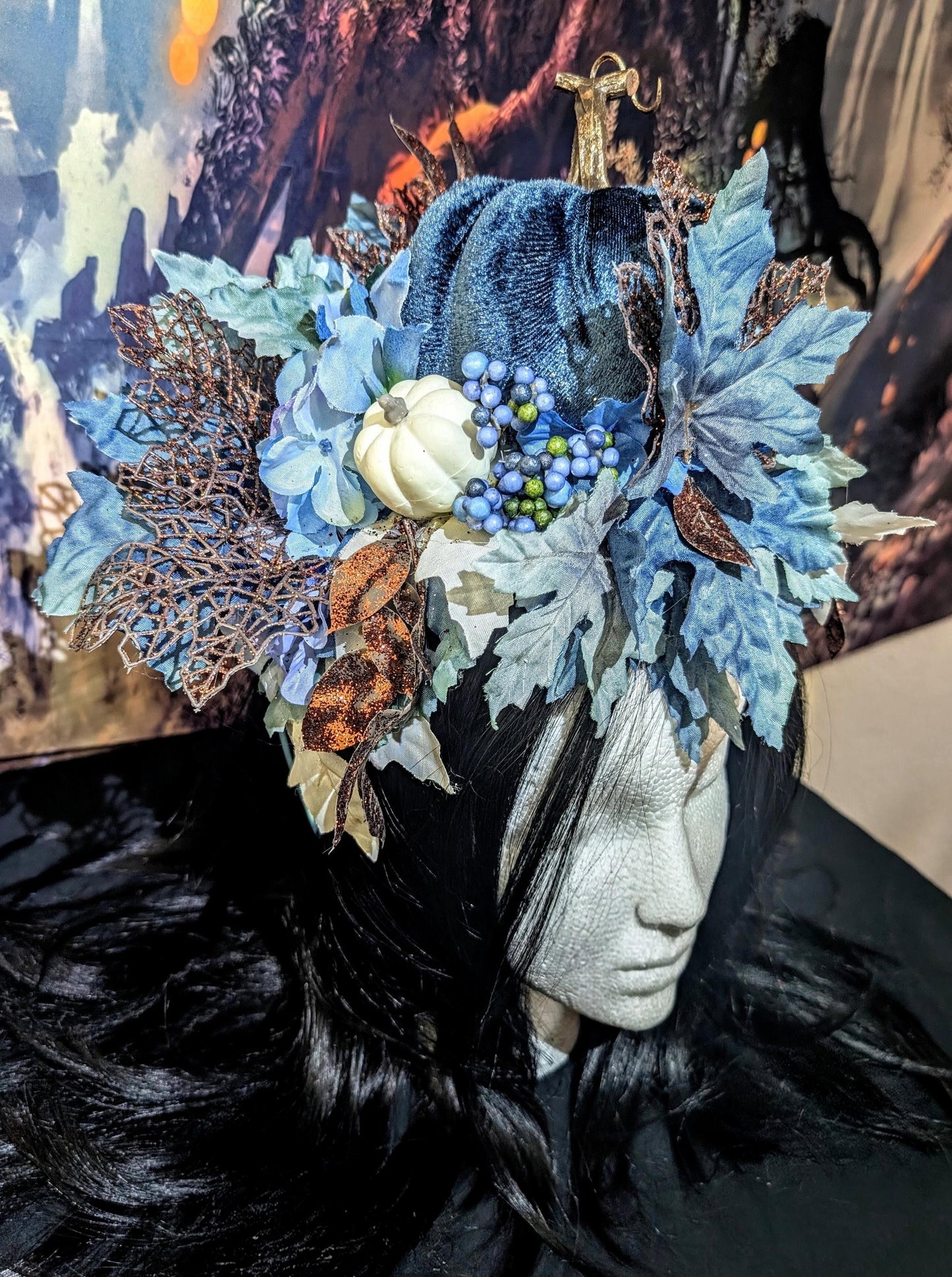 Blue Pumpkin Princess Queen Headdress Fantasy Halloween Crown Maple Leaf Headpiece Autumn Wedding Tiara Fairy Costume Fall Bride Bridal