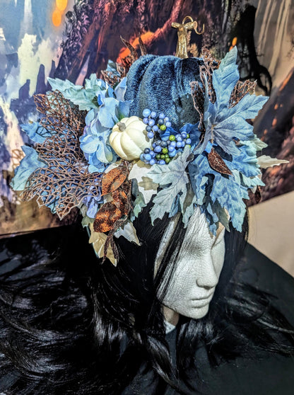 Blue Pumpkin Princess Queen Headdress Fantasy Halloween Crown Maple Leaf Headpiece Autumn Wedding Tiara Fairy Costume Fall Bride Bridal