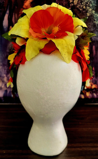 Reversible Fiesta Dia De Los Muertos Headdress Red Hibiscus Yellow Flower Crown Green Leaves Lily Festival Costume Headpiece