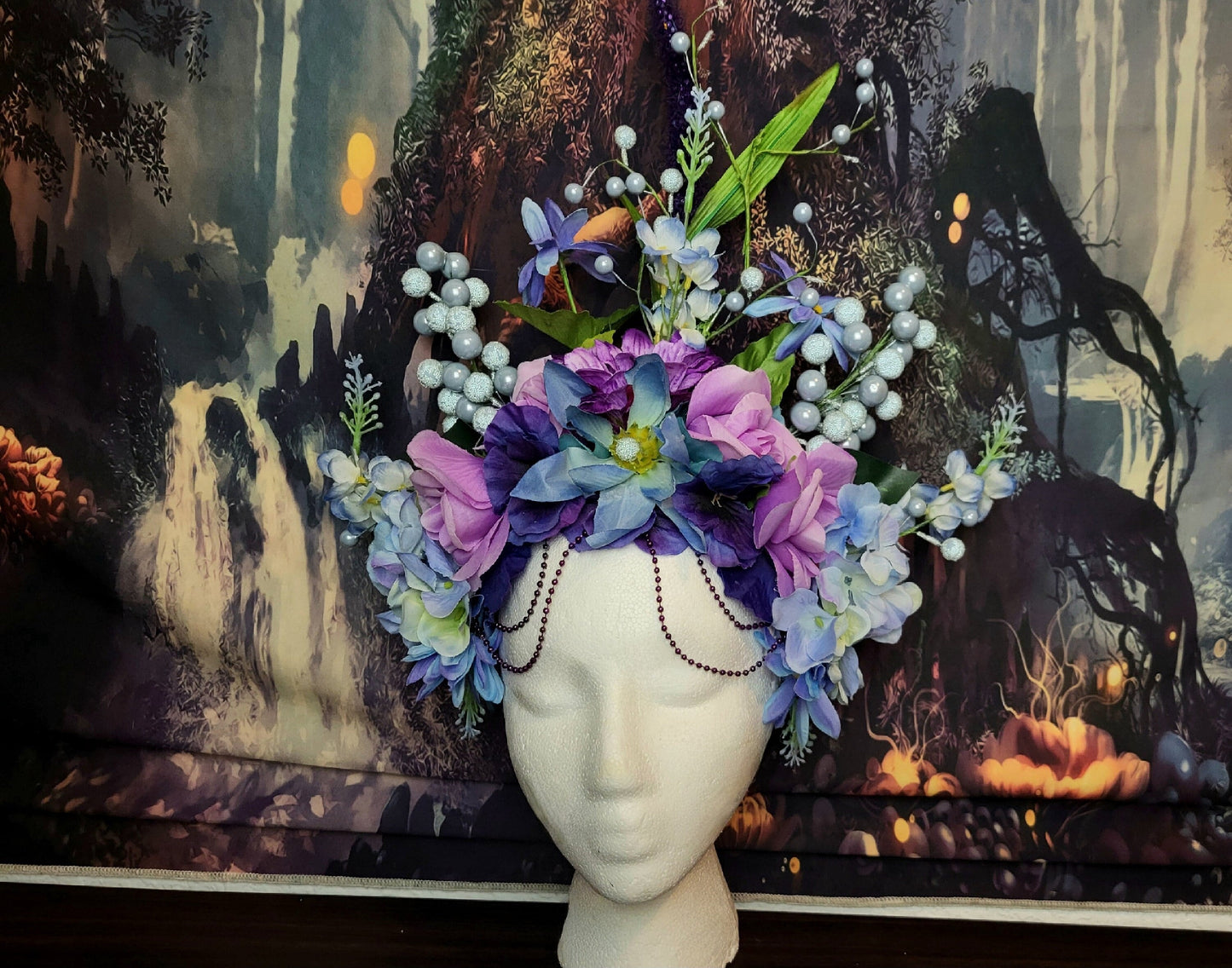 Faerie Goddess Headdress Floral Crown Purple Blue White Flower Headpiece Fantasy Fairy Headband Bubbles Festival Wedding Cosplay Costume