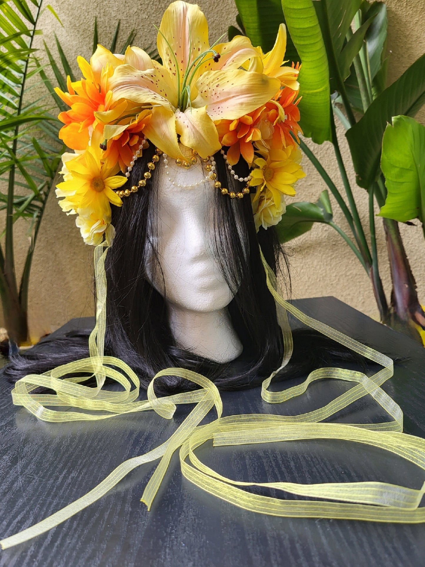FaeYellow Fairy Headdress Sunflower Lily Flower Crown with Golden Beads & Ribbons Fantasy Festival Headpiece Faerie Costume Cosplay Wedding