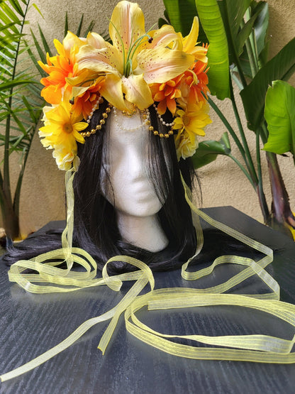 FaeYellow Fairy Headdress Sunflower Lily Flower Crown with Golden Beads & Ribbons Fantasy Festival Headpiece Faerie Costume Cosplay Wedding