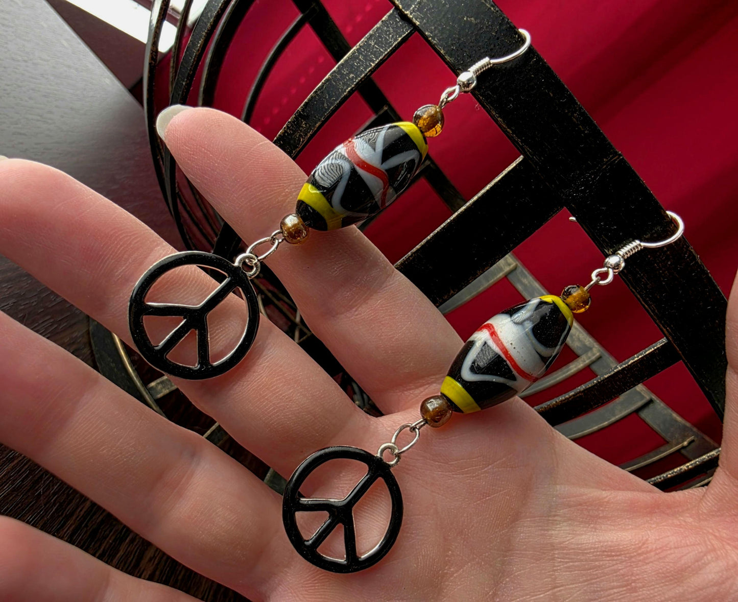 Island Earrings Black Peace Sign Charm Earrings with Striped Glass Beads Black White Yellow Red Beaded Jewelry Boho Festival Hippie Style
