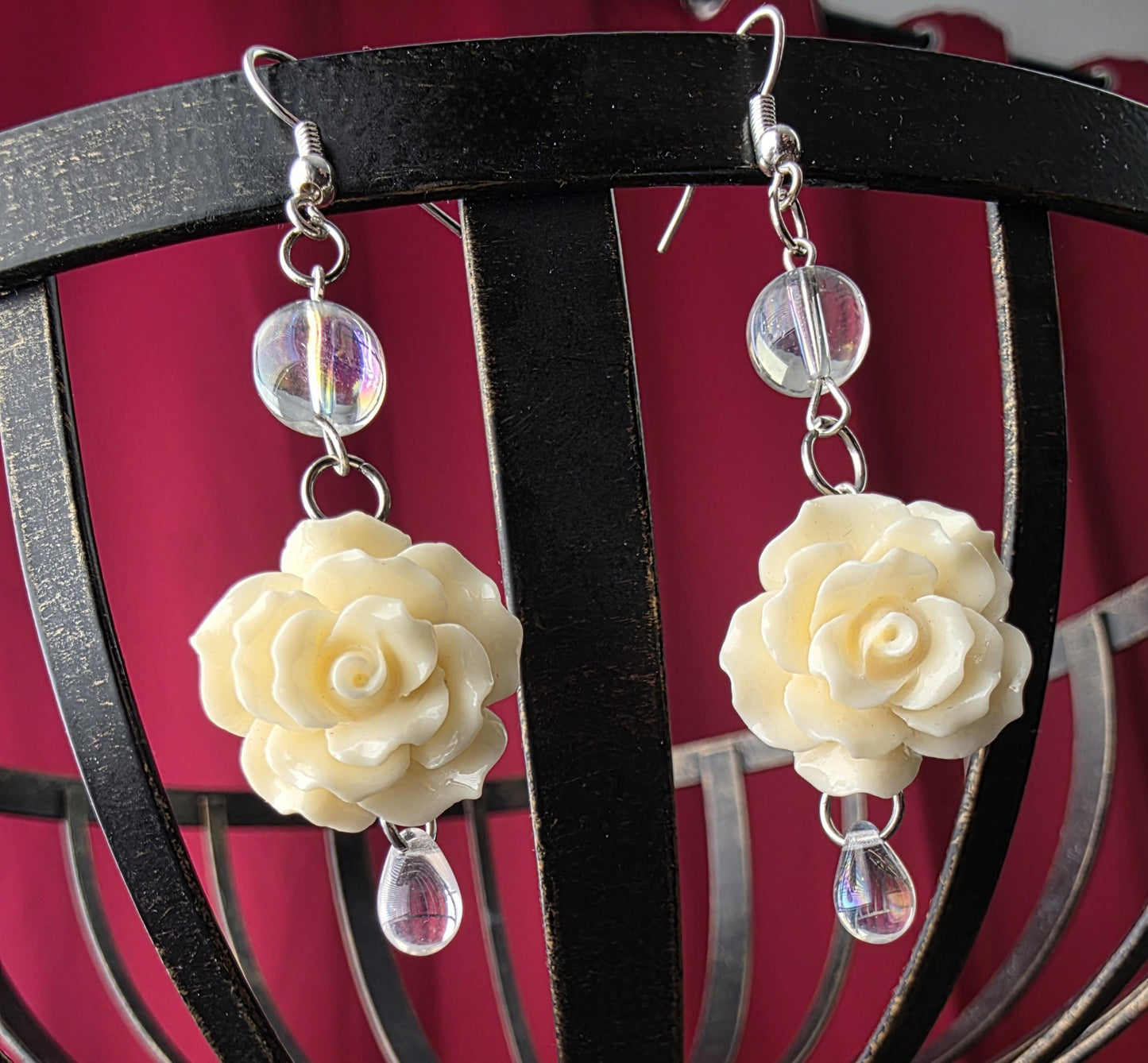 White Rosewater Earrings Dangle White Rose Charm Clear Iridescent Crystal Bead Romantic Floral Jewelry Boho Festival Accessory Tear Drop