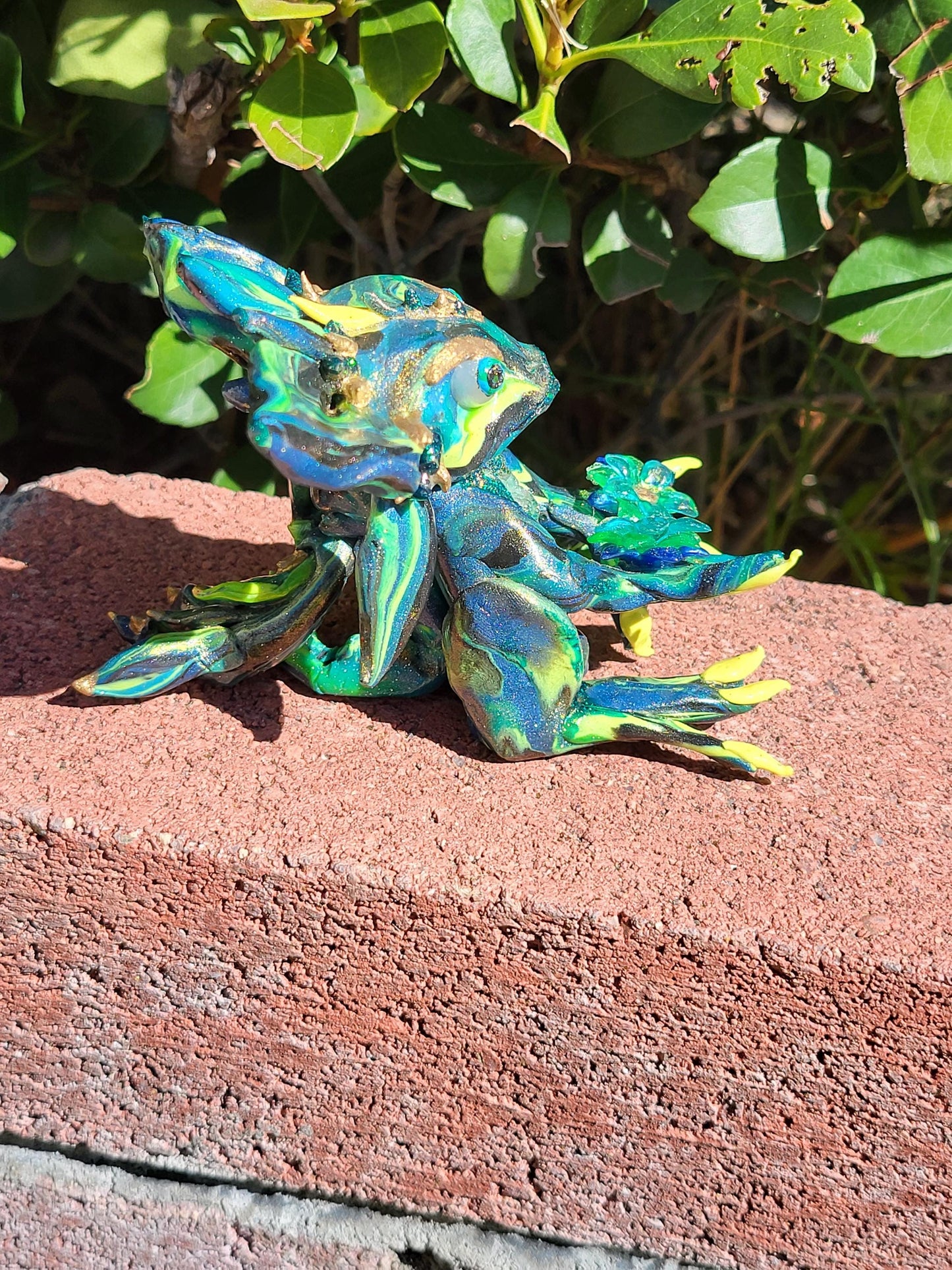 Chrysocolla Malachite Dragon Sculpture  One of a Kind Green Blue Yellow Crystal Dragon Statue Handmade Fantasy Figurine Holding Flowers Gift