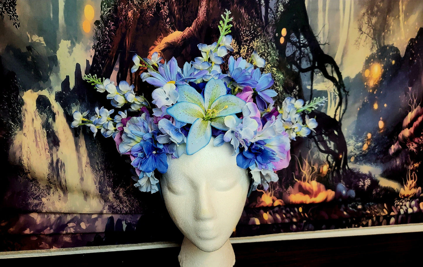 Fairy Queen Headdress Blue Purple Flower Crown with Lilies Fantasy Blossoms Enchanted Faerie Headpiece Festival Cosplay Costume Accessory