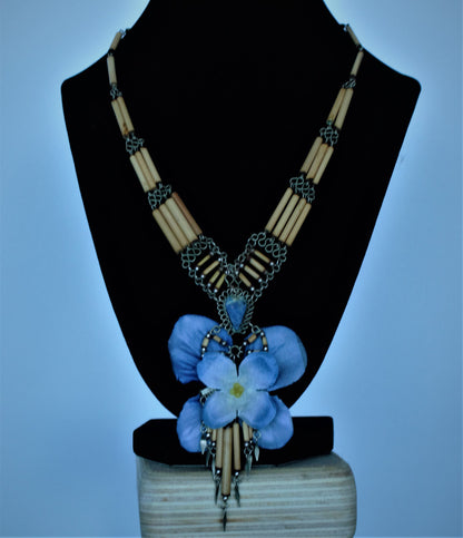 Sodalite Hydrangea Native American Style Necklace Blue Flower Pendant Bone Beads Silver Wire Blue Petals Boho Festival Jewelry