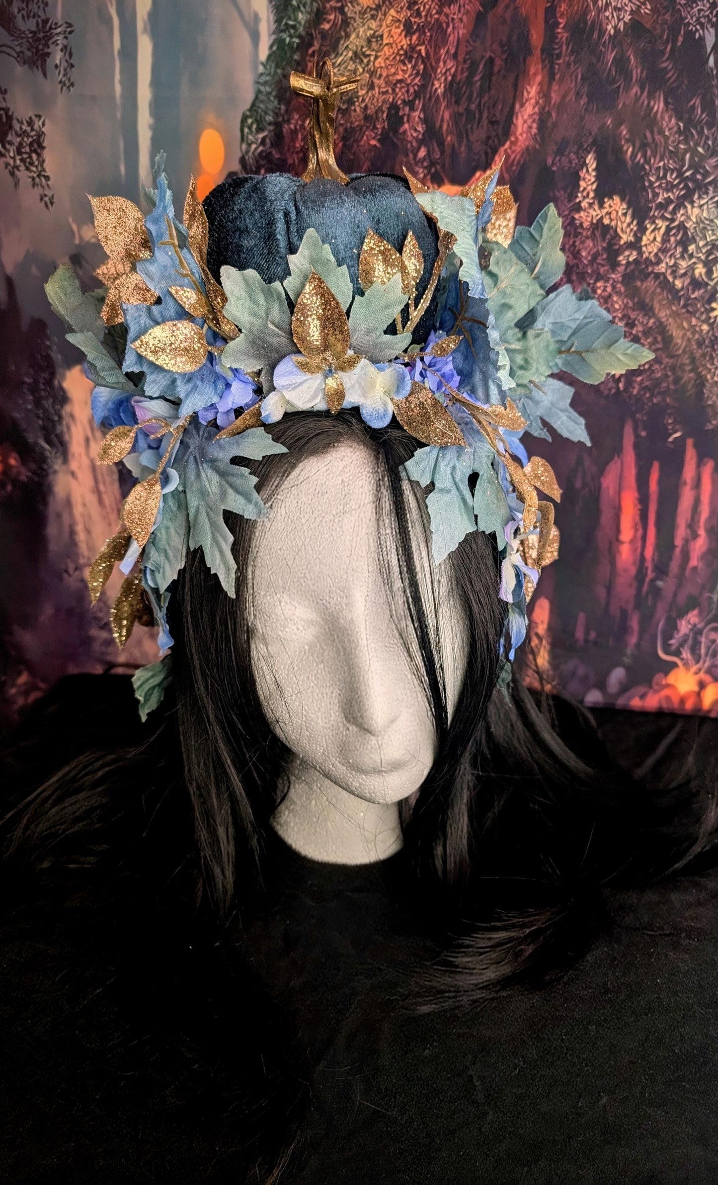 Reversible Blue Pumpkin Queen Headdress Fantasy Halloween Crown Maple Leaf Headpiece Autumn Wedding Tiara Fairy Costume Fall Bride Bridal