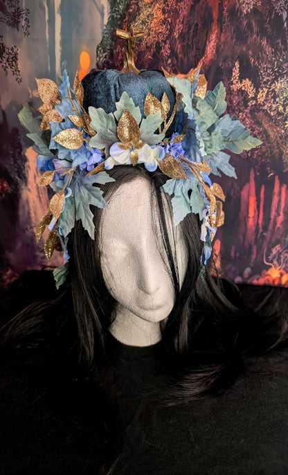 Reversible Blue Pumpkin Queen Headdress Fantasy Halloween Crown Maple Leaf Headpiece Autumn Wedding Tiara Fairy Costume Fall Bride Bridal