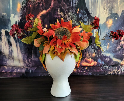 Goddess of Autumn Reversible Crown Fall Flower Crown Sunflower Orange Red Flowers Green Leaf Headdress Festival Cosplay Headpiece