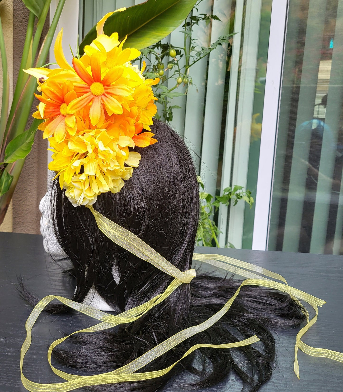 FaeYellow Fairy Headdress Sunflower Lily Flower Crown with Golden Beads & Ribbons Fantasy Festival Headpiece Faerie Costume Cosplay Wedding