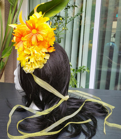FaeYellow Fairy Headdress Sunflower Lily Flower Crown with Golden Beads & Ribbons Fantasy Festival Headpiece Faerie Costume Cosplay Wedding