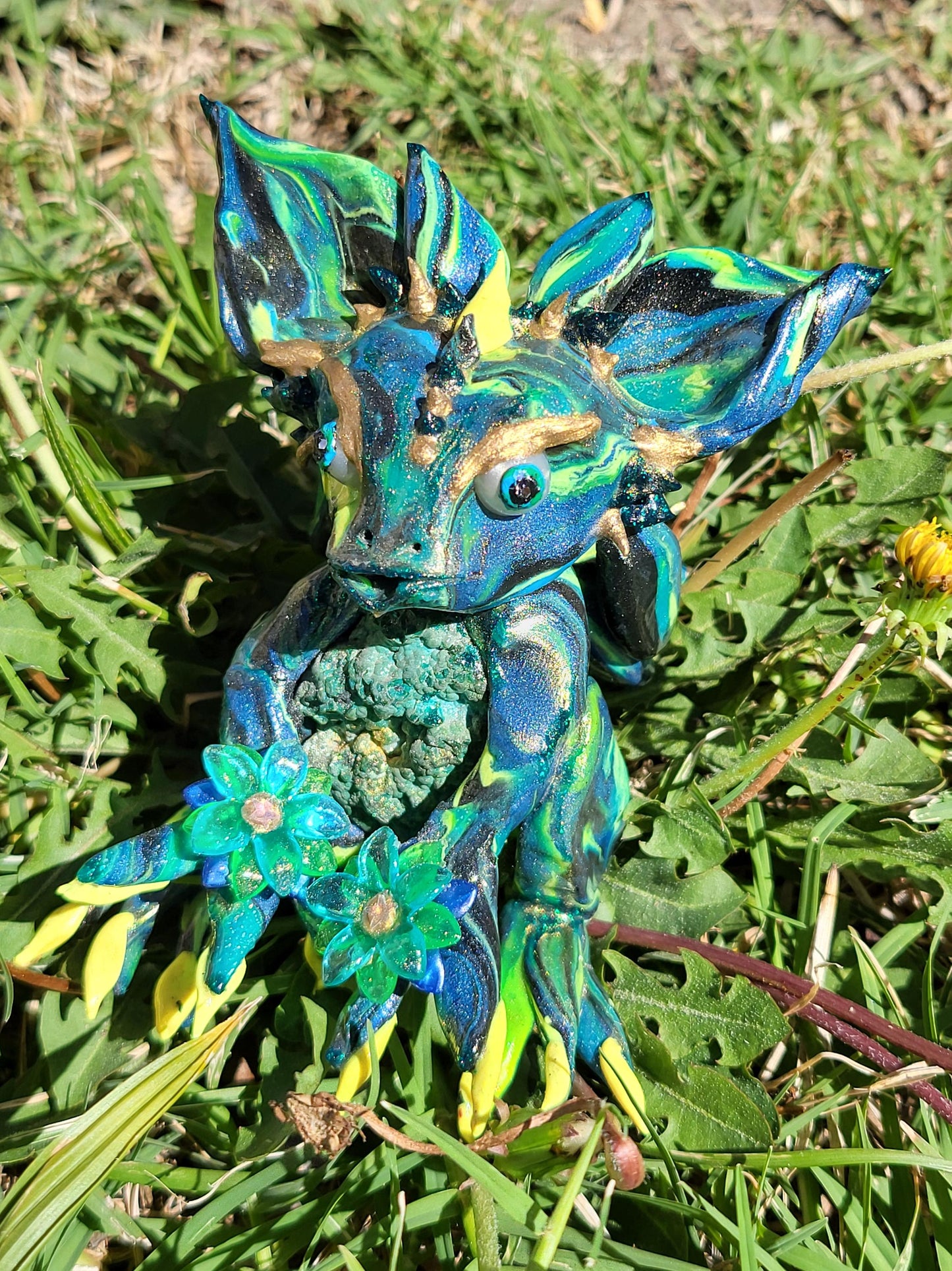 Chrysocolla Malachite Dragon Sculpture  One of a Kind Green Blue Yellow Crystal Dragon Statue Handmade Fantasy Figurine Holding Flowers Gift