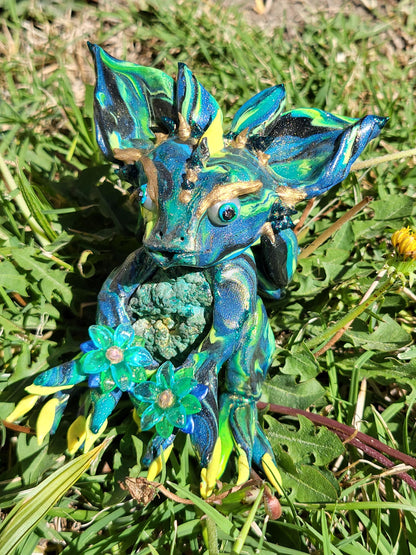 Chrysocolla Malachite Dragon Sculpture  One of a Kind Green Blue Yellow Crystal Dragon Statue Handmade Fantasy Figurine Holding Flowers Gift