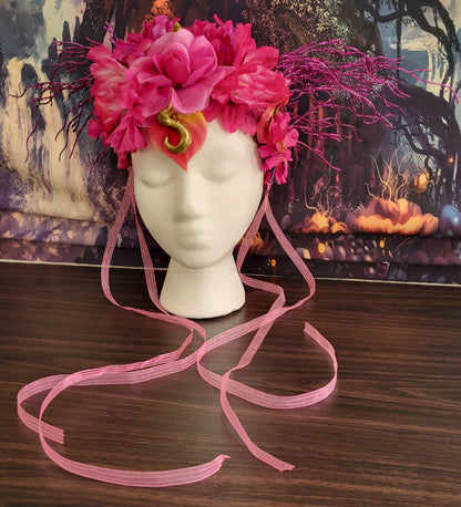 Unicorn Queen Headdress Hot Pink Flower Crown Gold Dragon Horns Fantasy Cosplay Headpiece Festival Costume Fairycore Faerie Accessories