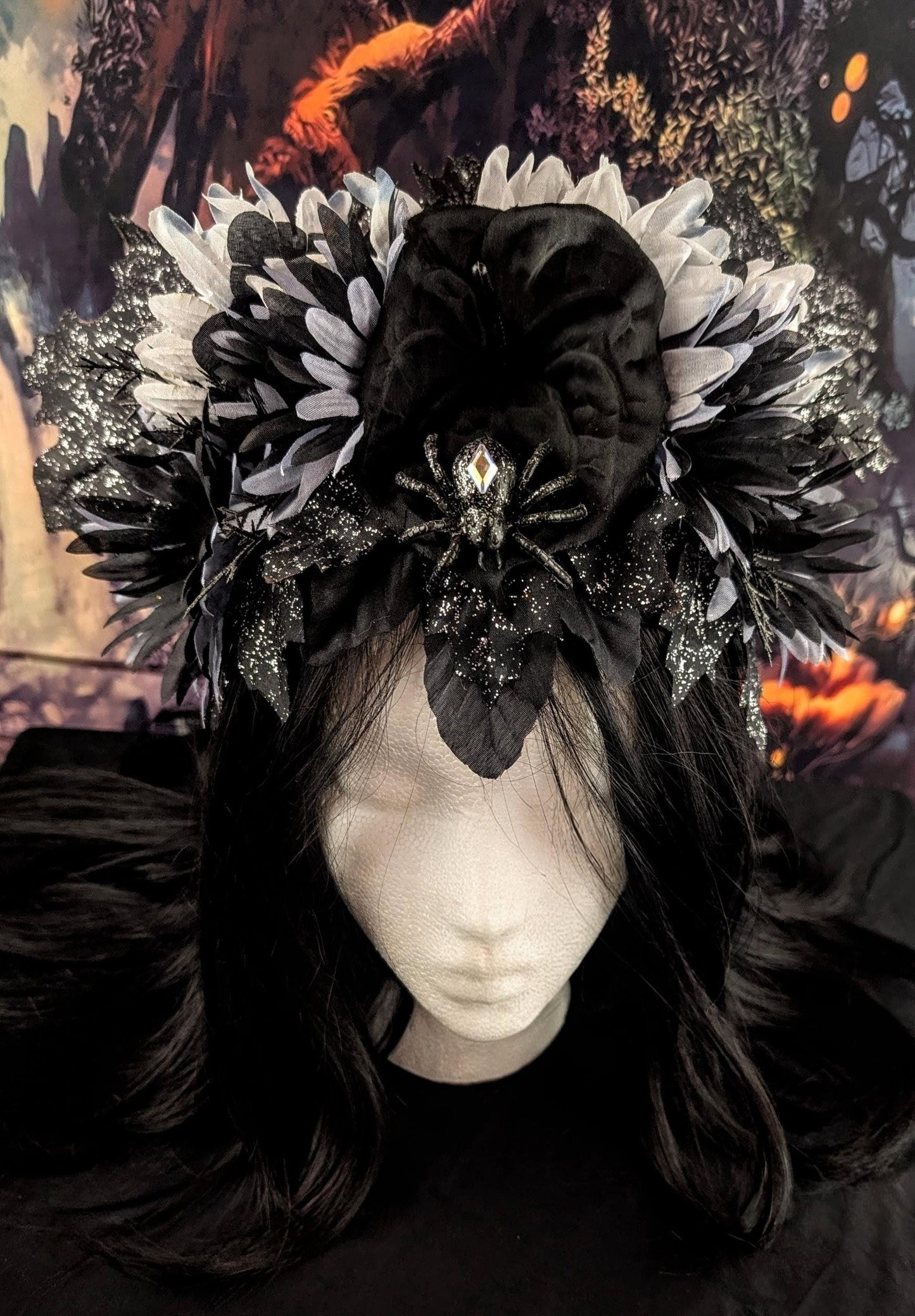 Spider Queen Ghostly Floral Headdress Sparkly Black Maple Leaves Silver Crown Gothic Witch Costume Headpiece Black White Gray Flowers