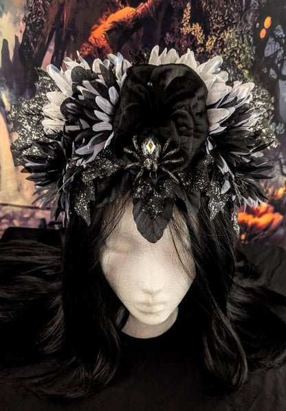 Spider Queen Ghostly Floral Headdress Sparkly Black Maple Leaves Silver Crown Gothic Witch Costume Headpiece Black White Gray Flowers