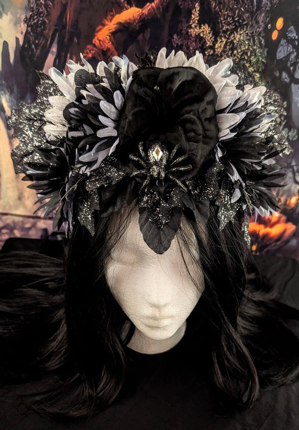 Spider Queen Ghostly Floral Headdress Sparkly Black Maple Leaves Silver Crown Gothic Witch Costume Headpiece Black White Gray Flowers