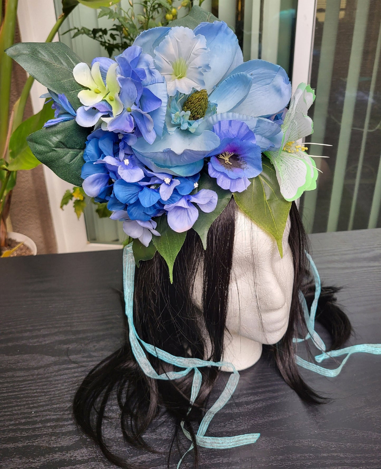 Magical Lagoon Headdress Blue Flower Crown Ribbons Green Leaves Enchanted Fairy Headpiece Festival Cosplay Mermaid Faerie Costume Floral