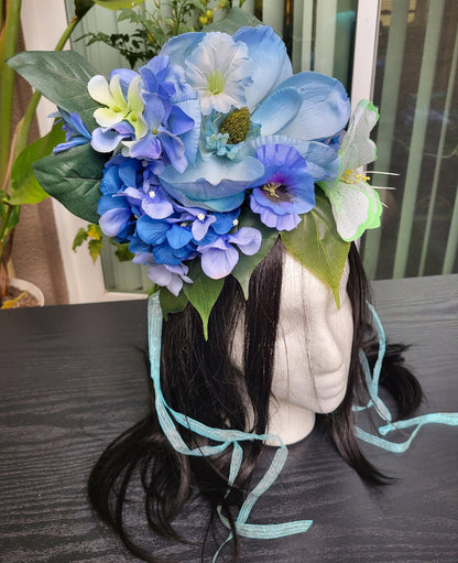 Magical Lagoon Headdress Blue Flower Crown Ribbons Green Leaves Enchanted Fairy Headpiece Festival Cosplay Mermaid Faerie Costume Floral