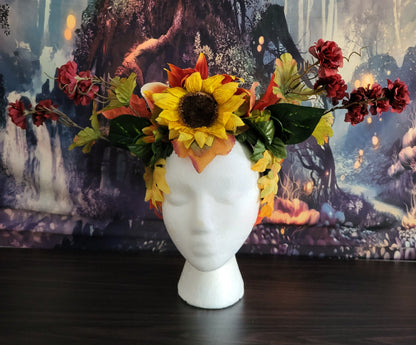 Goddess of Autumn Reversible Crown Fall Flower Crown Sunflower Orange Red Flowers Green Leaf Headdress Festival Cosplay Headpiece