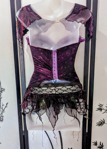 Witch Faerie Stars Moon Corset Lingerie Purple Red Mesh Star Print Sheer Overlay Dragon Scales Skirt Tendril Sleeves Fingerless Gloves Fairy