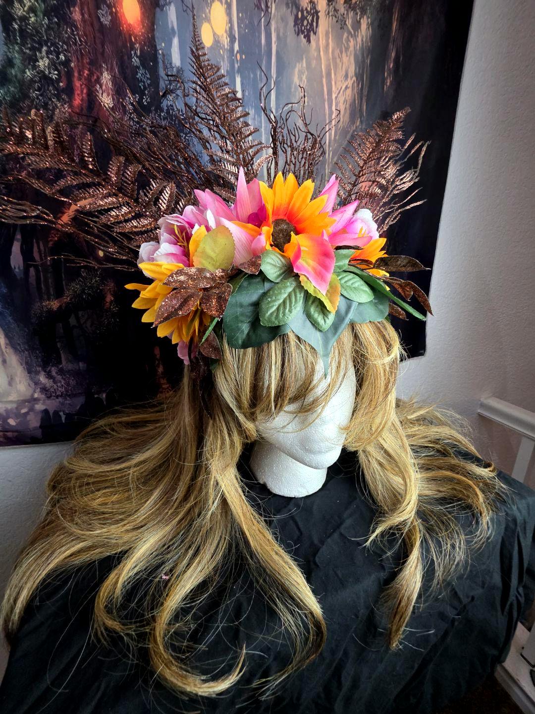 Mother Gaia Headdress Sunflower Pink Flower Crown with Ferns Green Leaves Earth Goddess Fairy Headpiece Festival Cosplay Nature Costume